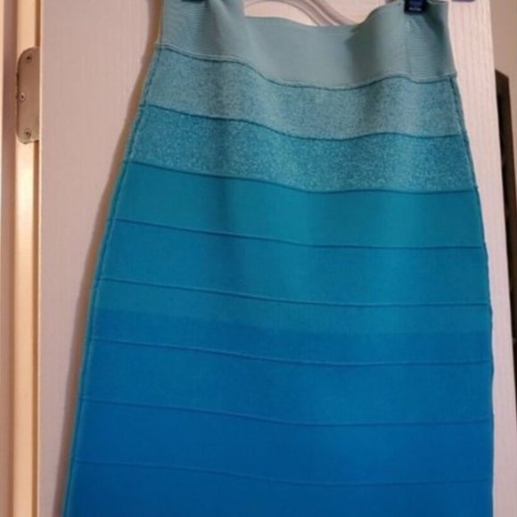 BCBG Maxaztia BANDAGE POWER RAYON KNIT SKIRT Tourquoise Color Block Skirt Sz S - Picture 5 of 8